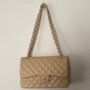 Beige / gold hardware double flap jumbo bag